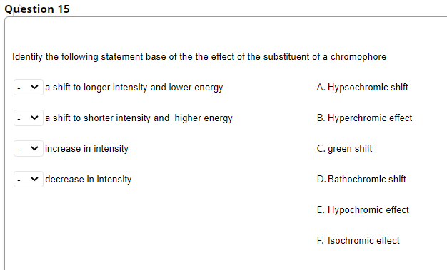 Question 15
Identify the following statement base of the the effect of the substituent of a chromophore
a shift to longer intensity and lower energy
A. Hypsochromic shift
a shift to shorter intensity and higher energy
B. Hyperchromic effect
increase in intensity
C. green shift
decrease in intensity
D. Bathochromic shift
E. Hypochromic effect
F. Isochromic effect
