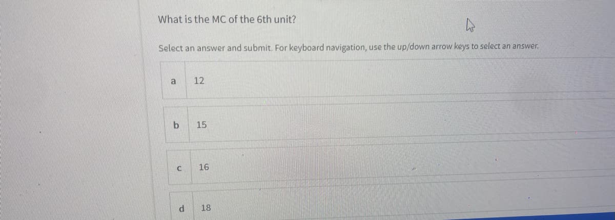 What is the MC of the 6th unit?
Select an answer and submit. For keyboard navigation, use the up/down arrow keys to select an answer.
12
15
16
18
