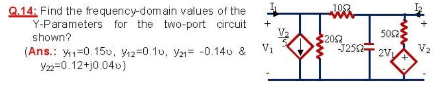 102
ww
Q.14: Find the frequency-domain values of the
Y-Parameters for the two-port circuit
shown?
V2
502
$202
J252T
(Ans.: 41=0.15v, y12=0.10, y21= -0.14u &
Y22=0.12+j0.04v)
V1
V2
+.
2V1
ww
