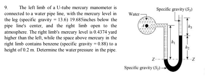 The left limb of a U-tube mercury manometer is
connected to a water pipe line, with the mercury level in
the leg (specific gravity = 13.6) 19.685inches below the
pipe line's center, and the right limb open to the
atmosphere. The right limb's mercury level is 0.4374 yard
higher than the left, while the space above mercury in the
right limb contains benzene (specific gravity = 0.88) to a
height of 0.2 m. Determine the water pressure in the pipe.
9.
Specific gravity (S3)
Water-
h3
h
h2
z-
Specific gravity (S-)
