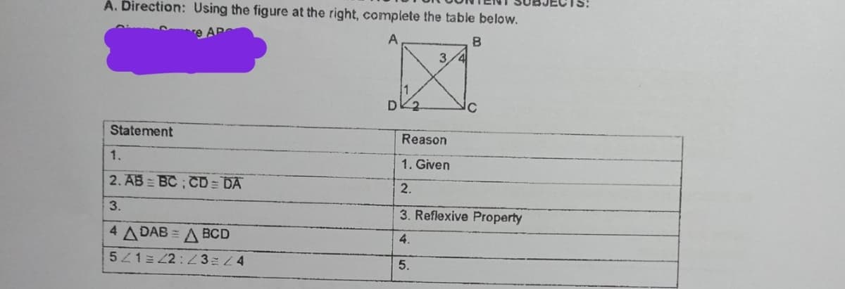 À. Direction: Using the figure at the right, complete the table below.
AP
A
3/4
Statement
Reason
1.
1. Given
2. AB = BC ; CD = DA
2.
3.
3. Reflexive Property
4 ADAB = A BCD
4.
521= 22:23 4
5.
