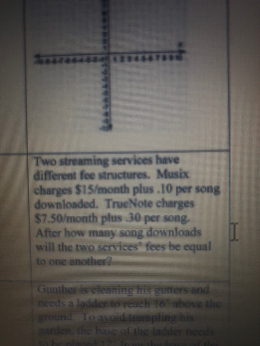 Two streaming services have
different fee structures. Musix
charges $15/month plus.10 per song
downloaded. TrueNote charges
$7.50/month plus 30 per song.
After how many song downloads
will the two services" fees be equal
to one anothe
I
Gunther is cleaning his gutters and
needs a ladder to reach 16' above the
ground To avod trampling his
arden, the baseof the ladder needs
