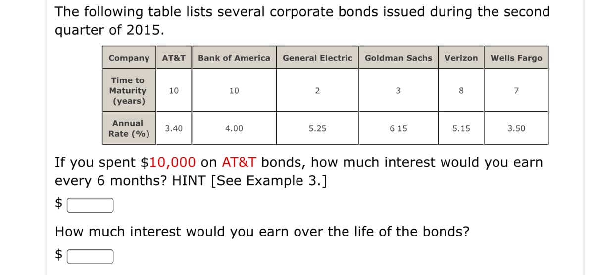 The following table lists several corporate bonds issued during the second
quarter of 2015.
Company
AT&T
Bank of America
General Electric
Goldman Sachs
Verizon
Wells Fargo
Time to
Maturity
(years)
10
10
2
8
Annual
3.40
4.00
5.25
6.15
5.15
3.50
Rate (%)
If you spent $10,000 on AT&T bonds, how much interest would you earn
every 6 months? HINT [See Example 3.]
$
How much interest would you earn over the life of the bonds?
