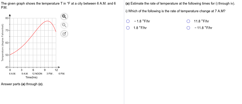 (a) Estimate the rate of temperature at the following times for i) through iv)
The given graph shows the temperature T in F at a city between 6 A.M. and 6
P.M.
i) Which of the following is the rate of temperature change at 7 A.M?
80-
O-1.8 F/hr
O 11.8 °F/hr
O 1.8 °F/hr
-11.8 °F/hr
70-
60-
50-
40-
C
9
12
З РМ.
6 PM.
6 AM.
9 A.M.
12 NOON
Time(hrs)
Answer parts (a) through (c)
Temperature (degree Fahrenheit)
