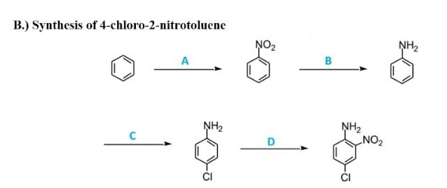 B.) Synthesis of 4-chloro-2-nitrotoluene
NO2
NH2
B
NH2
NH2
D
ZON
CI

