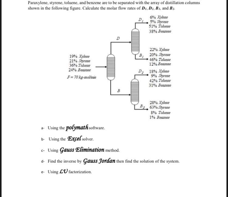 Paraxylene, styrene, toluene, and benzene are to be separated with the array of distillation columns
shown in the following figure. Calculate the molar flow rates of D1, D2, B1, and B2.
6% Xylane
5% Styrene
51% Toluene
38% Benzene
19% Xylene
21% Styrene
36% Tolvene
24% Berazene
22% Xylene
B, 20% Styrene
46% Tohvene
12% Benzene
D, 18% Xylene
9% Styrene
42% Tohene
31% Benzene
F= 70 kg-molimin
B
28% Xylene
63% Styrene
8% Tohuene
1% Benzene
a- Using the polymath software.
b- Using the Excel solver.
c- Using Gauss Elimination method.
d- Find the inverse by Gauss Jordan then find the solution of the system.
e- Using LU factorization.
