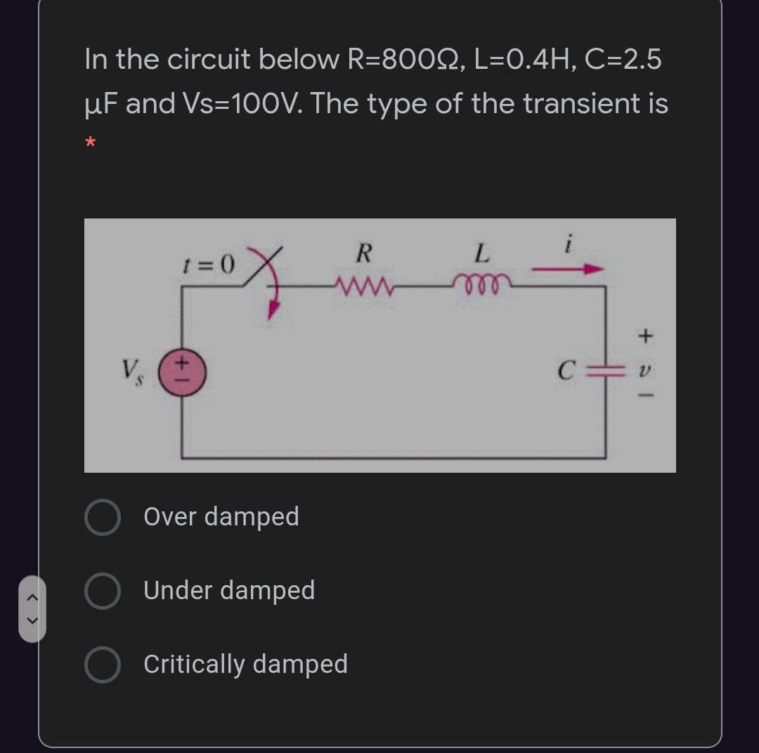 In the circuit below R=800Q, L=0.4H, C=2.5
µF and Vs=10OV. The type of the transient is
1 = 0
R
L.
elll
Vs
C
Over damped
Under damped
Critically damped
