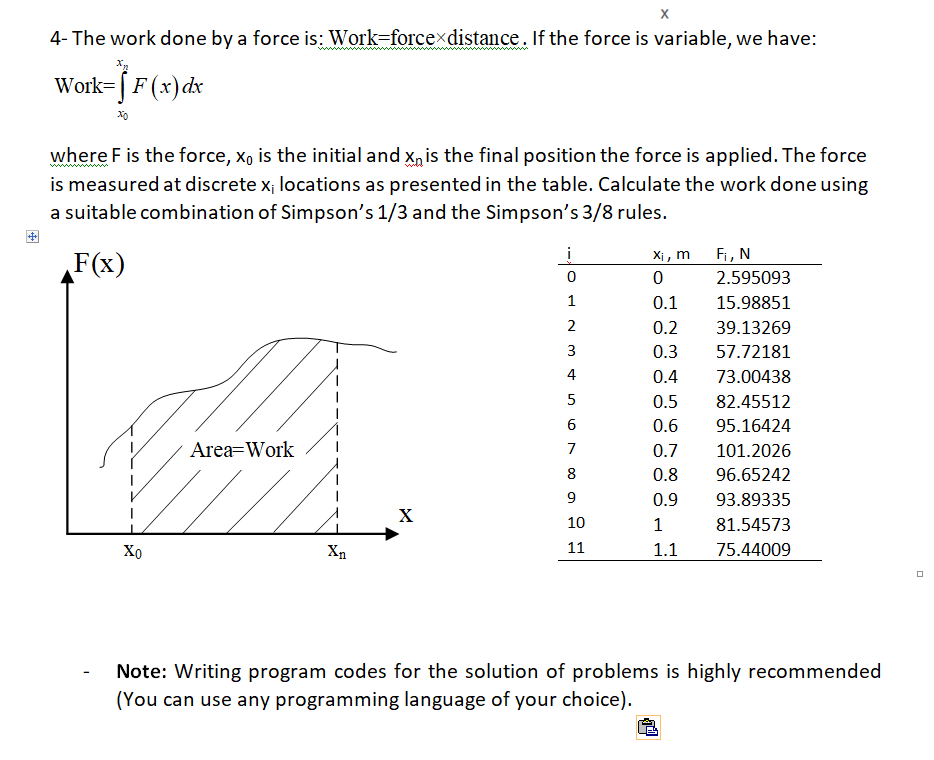 4- The work done by a force is: Work=forcexdistance. If the force is variable, we have:
Work= [ F (x)dx
where F is the force, x, is the initial and x, is the final position the force is applied. The force
is measured at discrete x; locations as presented in the table. Calculate the work done using
a suitable combination of Simpson's 1/3 and the Simpson's 3/8 rules.
F(x)
Xi , m
Fi, N
2.595093
1
0.1
15.98851
2
0.2
39.13269
3
0.3
57.72181
4
0.4
73.00438
5
0.5
82.45512
0.6
95.16424
Area=Work
7
0.7
101.2026
8
0.8
96.65242
9
0.9
93.89335
X
10
1
81.54573
Хо
Xn
11
1.1
75.44009
Note: Writing program codes for the solution of problems is highly recommended
(You can use any programming language of your choice).
