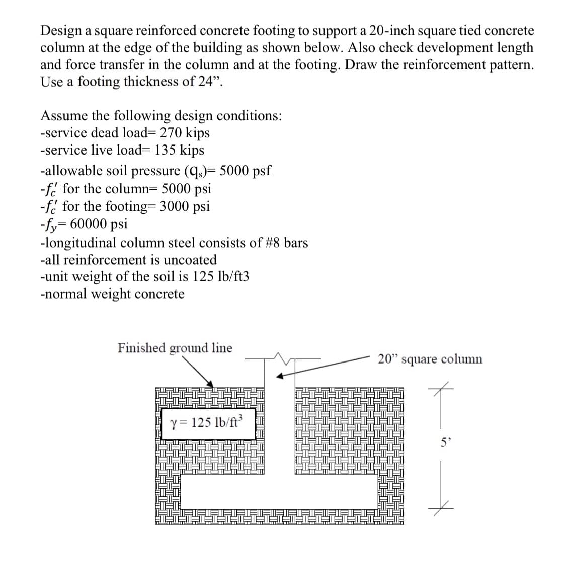 Design a square reinforced concrete footing to support a 20-inch square tied concrete
column at the edge of the building as shown below. Also check development length
and force transfer in the column and at the footing. Draw the reinforcement pattern.
Use a footing thickness of 24".
Assume the following design conditions:
-service dead load= 270 kips
-service live load= 135 kips
-allowable soil pressure (q)= 5000 psf
-f. for the column= 5000 psi
-f for the footing= 3000 psi
-fy= 60000 psi
-longitudinal column steel consists of #8 bars
-all reinforcement is uncoated
-unit weight of the soil is 125 1lb/ft3
-normal weight concrete
Finished ground line
20" square column
Y = 125 lb/ft³
5'
