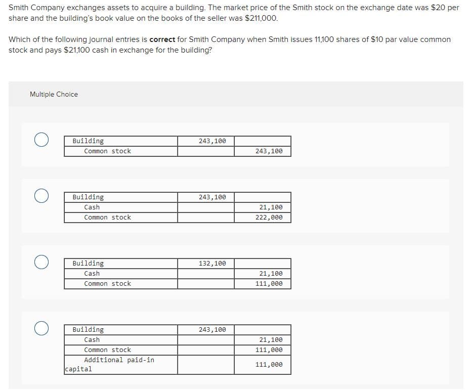 Smith Company exchanges assets to acquire a building. The market price of the Smith stock on the exchange date was $20 per
share and the building's book value on the books of the seller was $211,000.
Which of the following journal entries is correct for Smith Company when Smith issues 11,100 shares of $10 par value common
stock and pays $21,100 cash in exchange for the building?
Multiple Choice
Building
Common stock
243,100
243,100
Building
243,100
Cash
21,100
Common stock
222,000
Building
Cash
132,100
21,100
Common stock
111,000
Building
243,100
Cash
21,100
Common stock
111, еее
Additional paid-in
111,e00
capital
