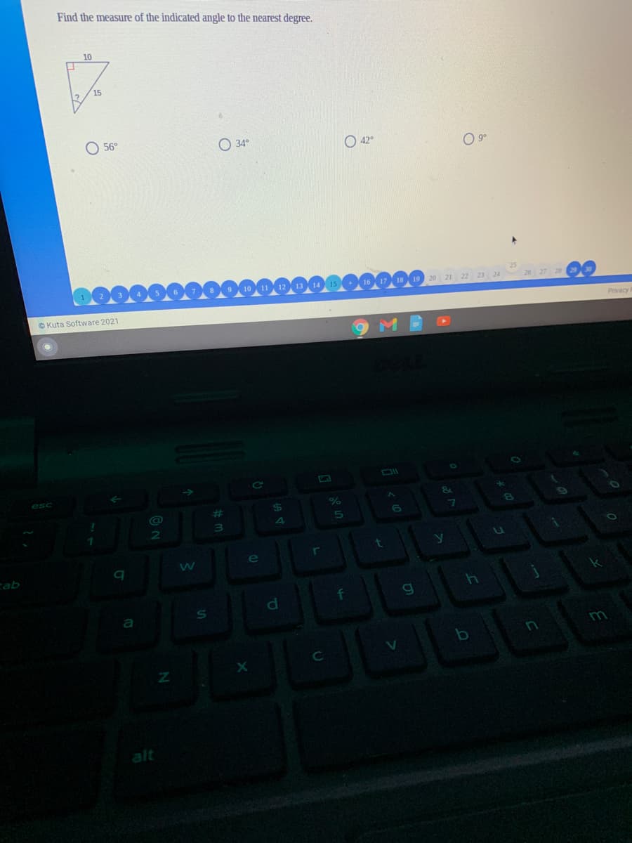 Find the measure of the indicated angle to the nearest degree.
10
O 56°
O 34°
O 42°
O 9°
Privacy
O Kuta Software 2021
esc
%23
$4
e
cab
C
alt
