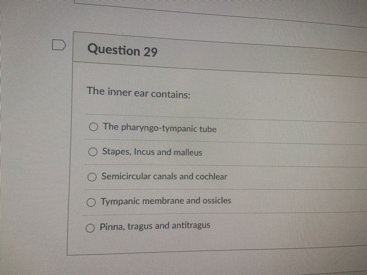 Question 29
The inner ear contains:
O The pharyngo-tympanic tube
O Stapes, Incus and malleus
O Semicircular canals and cochlear
Tympanic membrane and ossicles
O Pinna, tragus and antitragus
