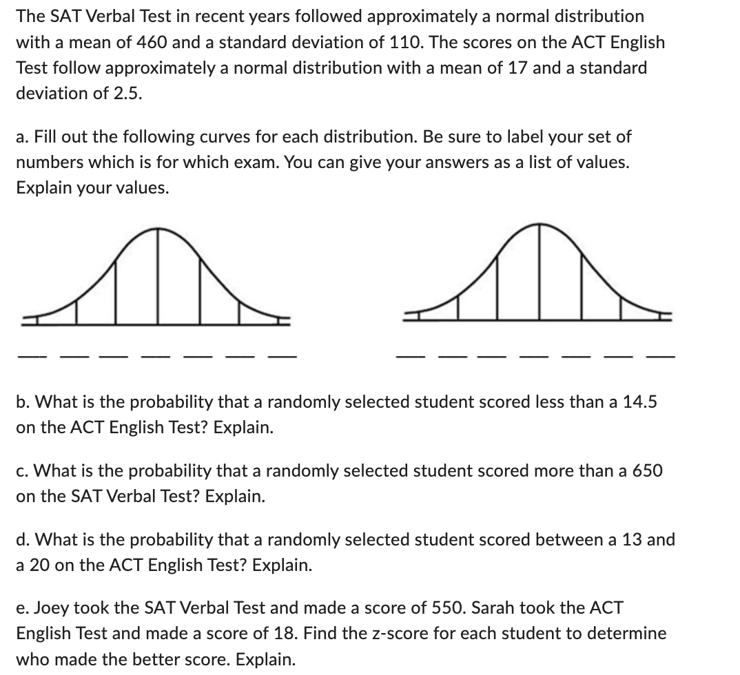 The SAT Verbal Test in recent years followed approximately a normal distribution
with a mean of 460 and a standard deviation of 110. The scores on the ACT English
Test follow approximately a normal distribution with a mean of 17 and a standard
deviation of 2.5.
a. Fill out the following curves for each distribution. Be sure to label your set of
numbers which is for which exam. You can give your answers as a list of values.
Explain your values.
a
b. What is the probability that a randomly selected student scored less than a 14.5
on the ACT English Test? Explain.
c. What is the probability that a randomly selected student scored more than a 650
on the SAT Verbal Test? Explain.
d. What is the probability that a randomly selected student scored between a 13 and
a 20 on the ACT English Test? Explain.
e. Joey took the SAT Verbal Test and made a score of 550. Sarah took the ACT
English Test and made a score of 18. Find the z-score for each student to determine
who made the better score. Explain.