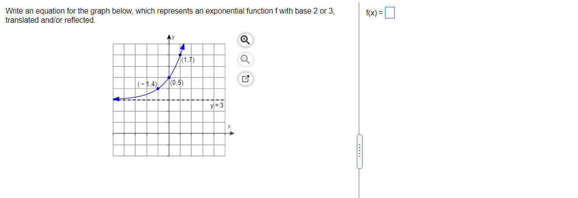 Write an equation for the graph below, which represents an exponential function f with base 2 or 3,
translated and/or reflected.
f(x) =O
AY
(1,7)
|(-1,4)
(0,5)
y= 3
...
