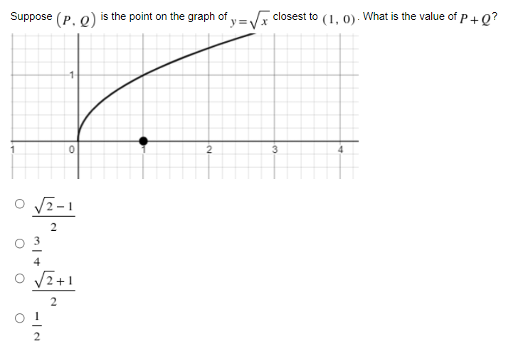 Suppose (P. o) is the point on the graph of y=VE
closest to (1, 0)-. What is the value of p+ Q?
O V2-1
2
4
2
2
3,
2.

