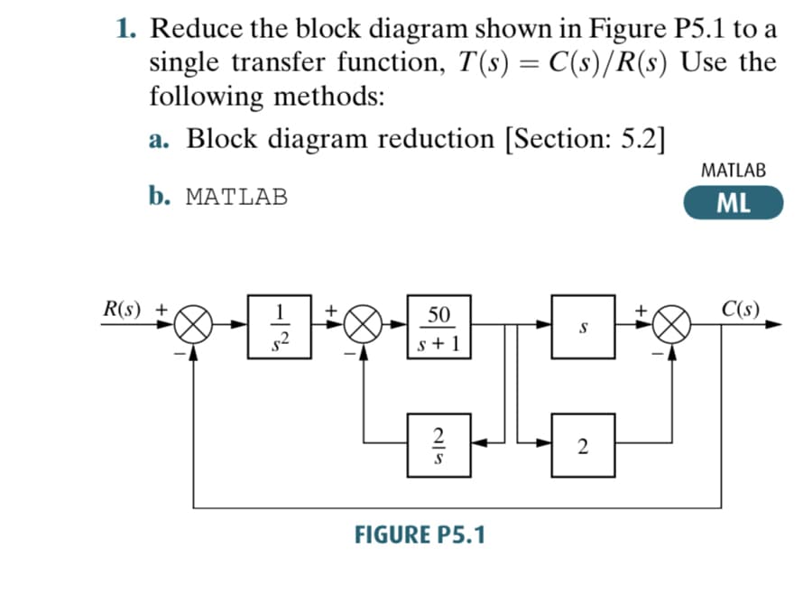1. Reduce the block diagram shown in Figure P5.1 to a
single transfer function, T(s) = C(s)/R(s) Use the
following methods:
a. Block diagram reduction [Section: 5.2]
b. MATLAB
R(s) +
s²
+
50
s+1
2
S
FIGURE P5.1
S
2
+4
MATLAB
ML
C(s)