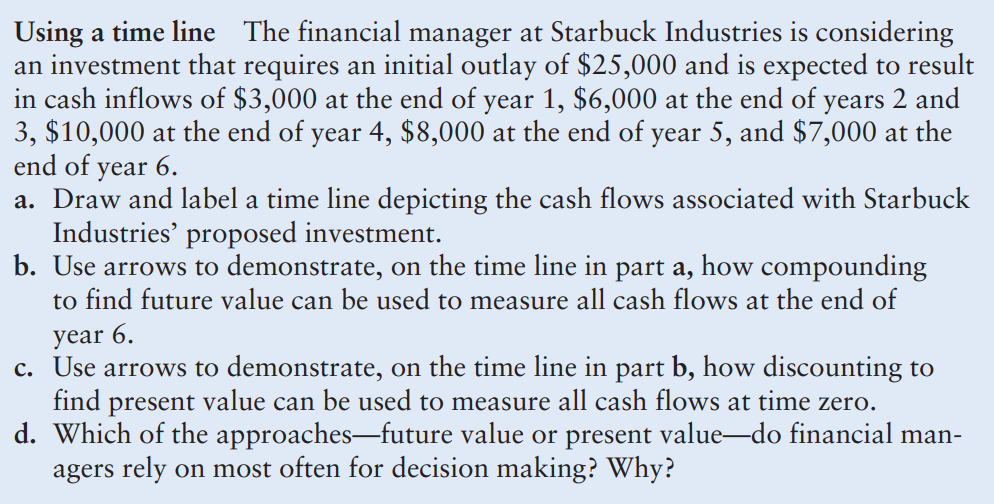 Using a time line The financial manager at Starbuck Industries is considering
an investment that requires an initial outlay of $25,000 and is expected to result
in cash inflows of $3,000 at the end of year 1, $6,000 at the end of years 2 and
3, $10,000 at the end of year 4, $8,000 at the end of year 5, and $7,000 at the
end of year 6.
a. Draw and label a time line depicting the cash flows associated with Starbuck
Industries' proposed investment.
b. Use arrows to demonstrate, on the time line in part a, how compounding
to find future value can be used to measure all cash flows at the end of
year 6.
c. Use arrows to demonstrate, on the time line in part b, how discounting to
find present value can be used to measure all cash flows at time zero.
d. Which of the approaches-future value or present value-do financial man-
agers rely on most often for decision making? Why?
