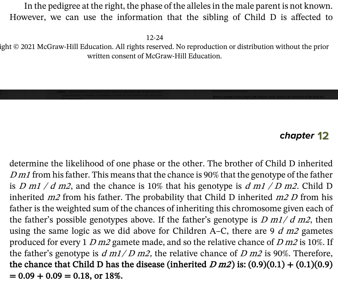 In the pedigree at the right, the phase of the alleles in the male parent is not known.
However, we can use the information that the sibling of Child D is affected to
12-24
ight © 2021 McGraw-Hill Education. All rights reserved. No reproduction or distribution without the prior
written consent of McGraw-Hill Education.
chapter 12
determine the likelihood of one phase or the other. The brother of Child D inherited
Dml from his father. This means that the chance is 90% that the genotype of the father
is D ml / d m2, and the chance is 10% that his genotype is d m1 / D m2. Child D
inherited m2 from his father. The probability that Child D inherited m2 D from his
father is the weighted sum of the chances of inheriting this chromosome given each of
the father's possible genotypes above. If the father's genotype is D m1/ d m2, then
using the same logic as we did above for Children A-C, there are 9 d m2 gametes
produced for
the father's genotype is d m1/D m2, the relative chance of D m2 is 90%. Therefore,
the chance that Child D has the disease (inherited D m2) is: (0.9)(0.1) + (0.1)(0.9)
= 0.09 + 0.09 = 0.18, or 18%.
every
1 D m2 gamete made, and so the relative chance of D m2 is 10%. If
%3D
