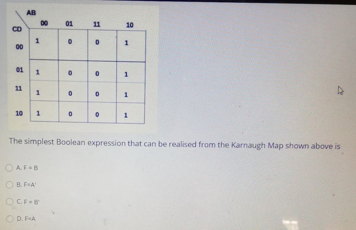 AB
00
01
11
10
CD
1
00
01
1
1
11
1
1
10
1
The simplest Boolean expression that can be realised from the Karnaugh Map shown above is
A. F = B
B. F=A'
C.F = B'
D. F=A
1.
