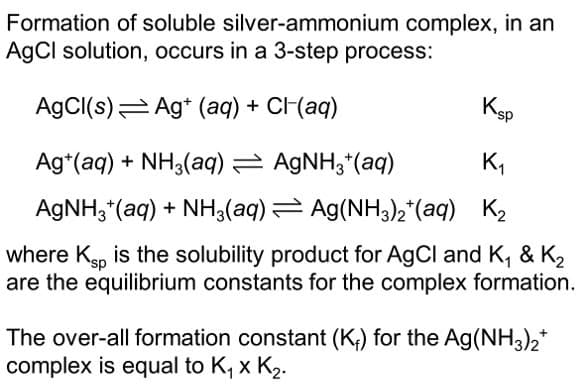 Formation of soluble silver-ammonium complex, in an
AgCl solution, occurs in a 3-step process:
AgCI(s)= Ag* (aq) + CH(aq)
Ksp
Ag*(aq) + NH3(aq) = AGNH3*(aq)
K,
AGNH3*(aq) + NH3(aq)= Ag(NH3)2"(aq) K2
where Kp is the solubility product for AgCl and K, & K2
are the equilibrium constants for the complex formation.
The over-all formation constant (K;) for the Ag(NH3)2*
complex is equal to K, x K2.
