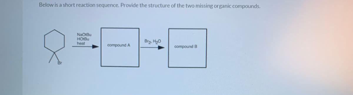 Below is a short reaction sequence. Provide the structure of the two missing organic compounds.
NaOtBu
HOIBU
heat
Bro, H20
compound A
compound B
Br
