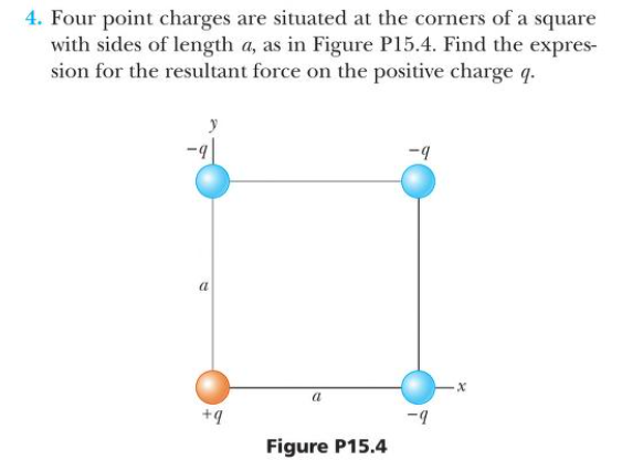4. Four point charges are situated at the corners of a square
with sides of length a, as in Figure P15.4. Find the expres-
sion for the resultant force on the positive charge q.
a
a
+9
ー7
Figure P15.4
