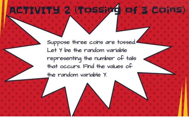 ACTIVITY 2 (Tossing of 3 coins)
Suppose three coins are tossed
Let Y be the random variable
representing the number of tails
that occurs. Find the vakues of
the random variable Y.
