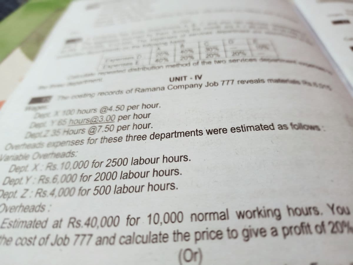 30%
20%
40%
20%
#0% | 20%
re ted dietribution method of the two services
20%
Experses E
ment
UNIT IV
The costing records of Ramana Company Job 777 reveals mat
De X 100 hours @4.50 per hour.
Dept Y 65 hours@3.00 per hour
DeptZ 35 Hours @7.50 per hour.
Overheads expenses for these three departments were estimated as follown
Variable Overheads:
Dept. X : Rs.10,000 for 2500 labour hours.
Dept.Y : Rs.6,000 for 2000 labour hours.
Dept. Z: Rs.4,000 for 500 labour hours.
Overheads:
Estimated at Rs.40,000 for 10,000 normal working hours. Yo
The cost of Job 777 and calculate the price to give a profit of 20%
(Or)
