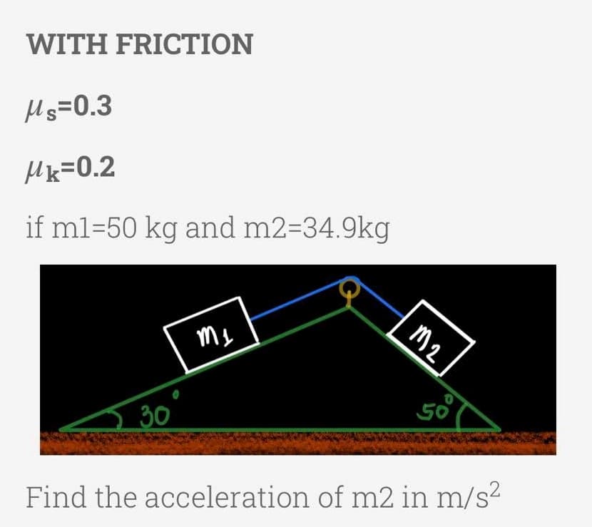 WITH FRICTION
Hs=0.3
Hk=0.2
if ml=50 kg and m2=34.9kg
m2
50
30
Find the acceleration of m2 in m/s²
