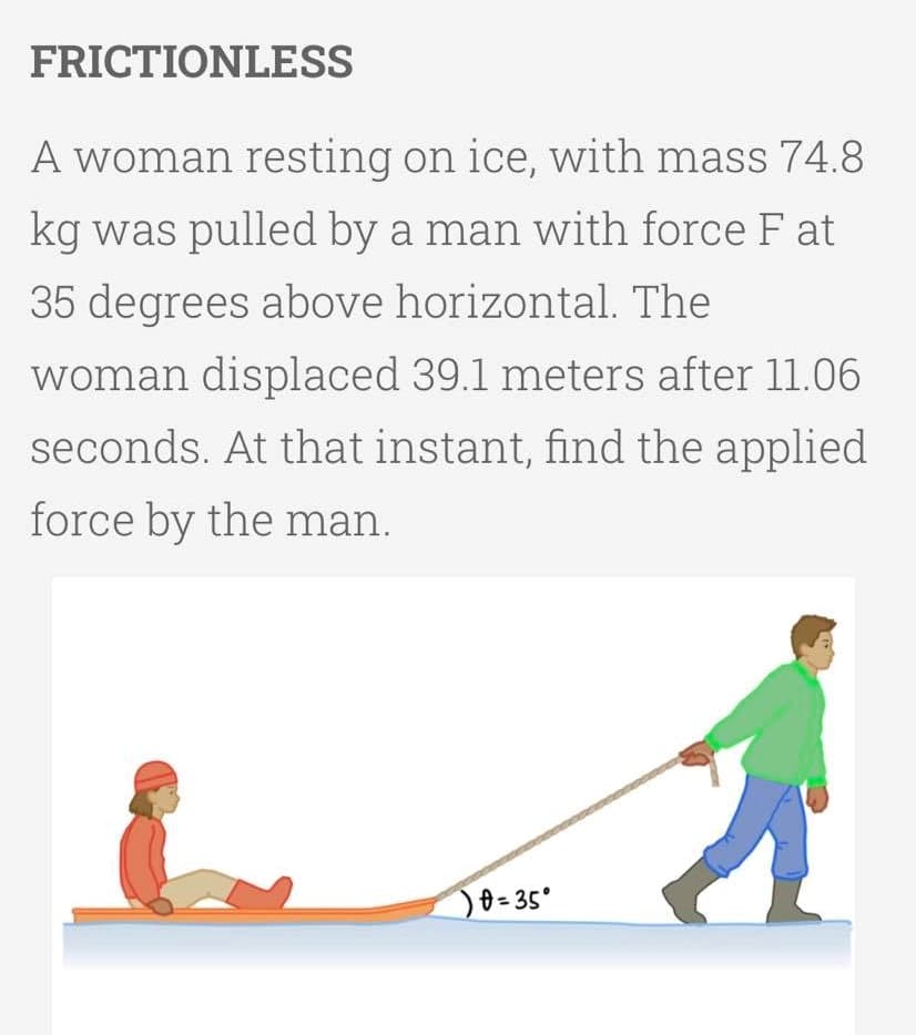 FRICTIONLESS
A woman resting on ice, with mass 74.8
kg was pulled by a man with force F at
35 degrees above horizontal. The
woman displaced 39.1 meters after 11.06
seconds. At that instant, find the applied
force by the man.
J0=35°

