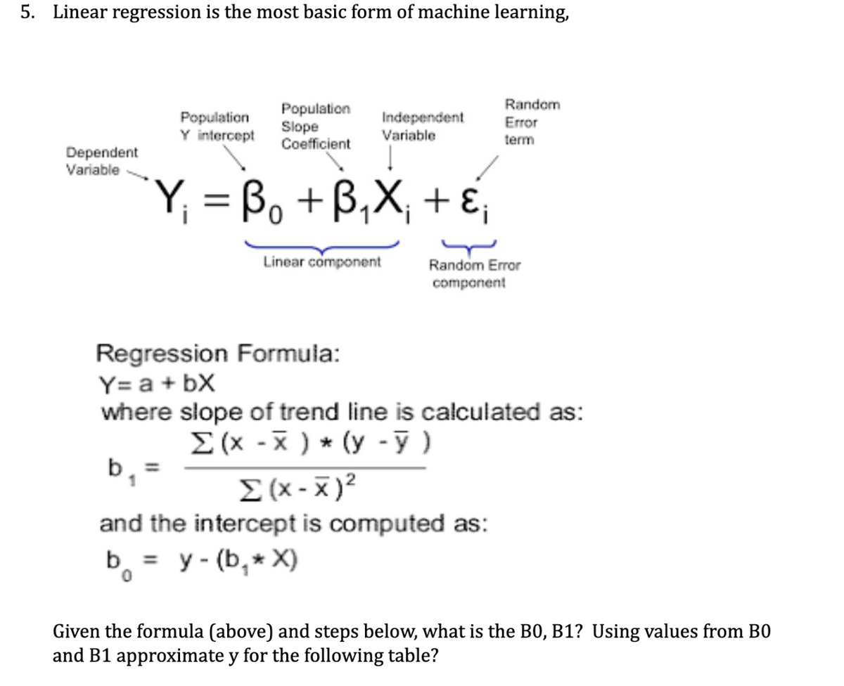 5. Linear regression is the most basic form of machine learning,
Population
Random
Population
Y intercept
Independent
Variable
Error
Slope
Coefficient
term
Dependent
Variable
Y; = Bo + B,X; + ɛ
Linear component
Random Error
component
Regression Formula:
Y= a + bX
where slope of trend line is calculated as:
E (x -x ) * (y -ỹ )
E (x - x )2
b.
and the intercept is computed as:
b = y - (b,* X)
Given the formula (above) and steps below, what is the B0, B1? Using values from B0
and B1 approximate y for the following table?
