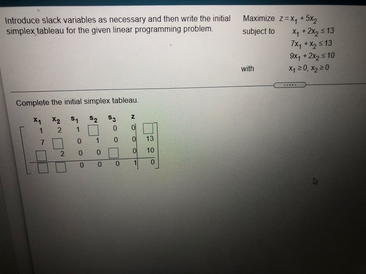 Introduce slack variables as necessary and then write the initial
simplex tableau for the given linear programming problem.
Maximize z=x, +5x2
Xq + 2x, s 13
(Xq + Xy S13
9x, +2x, s 10
subject to
with
X1 0, X, 2 0
Complete the initial simplex tableau.
S3
X4 X2 S4
1 2
S2
1
0.
7.
1
0.
13
0
10
0.
0.
