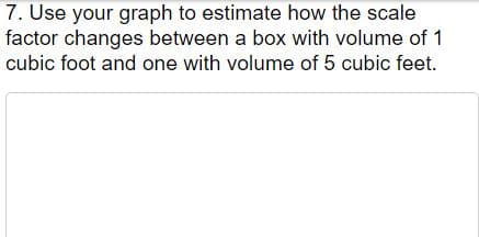 7. Use your graph to estimate how the scale
factor changes between a box with volume of 1
cubic foot and one with volume of 5 cubic feet.
