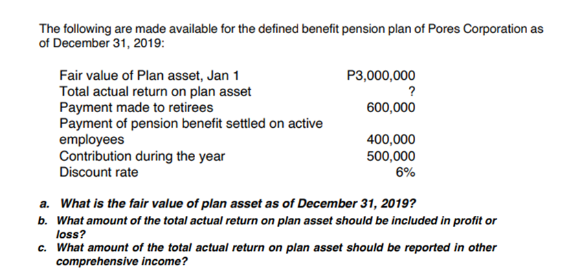 The following are made available for the defined benefit pension plan of Pores Corporation as
of December 31, 2019:
Fair value of Plan asset, Jan 1
Total actual return on plan asset
Payment made to retirees
Payment of pension benefit settled on active
employees
Contribution during the year
P3,000,000
?
600,000
400,000
500,000
6%
Discount rate
a. What is the fair value of plan asset as of December 31, 2019?
b. What amount of the total actual return on plan asset should be included in profit or
loss?
c. What amount of the total actual return on plan asset should be reported in other
comprehensive income?
