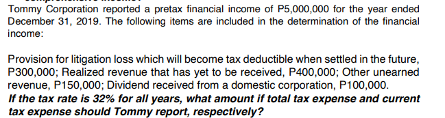 Tommy Corporation reported a pretax financial income of P5,000,000 for the year ended
December 31, 2019. The following items are included in the determination of the financial
income:
Provision for litigation loss which will become tax deductible when settled in the future,
P300,000; Realized revenue that has yet to be received, P400,000; Other unearned
revenue, P150,000; Dividend received from a domestic corporation, P100,000.
If the tax rate is 32% for all years, what amount if total tax expense and current
tax expense should Tommy report, respectively?
