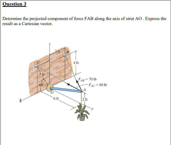 Question 3
Determine the projected component of force FAB along the axis of strut AO. Express the
result as a Cartesian vector.
3 ft
B.
4 ft
5 ft
FAB 70 1b
-FAC= 60 lb
60
6 ft
2 ft
