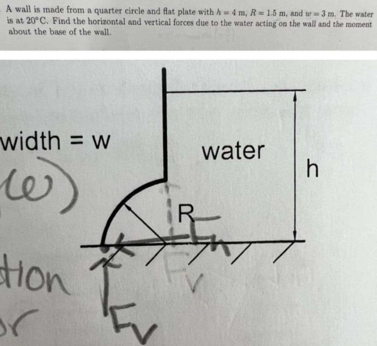 A wall is made from a quarter circle and flat plate with h = 4 m, R = 1.5 m, and w = 3 m. The water
is at 20°C. Find the horizontal and vertical forces due to the water acting on the wall and the moment
about the base of the wall.
%3D
width = w
water
w)
R-
tion
