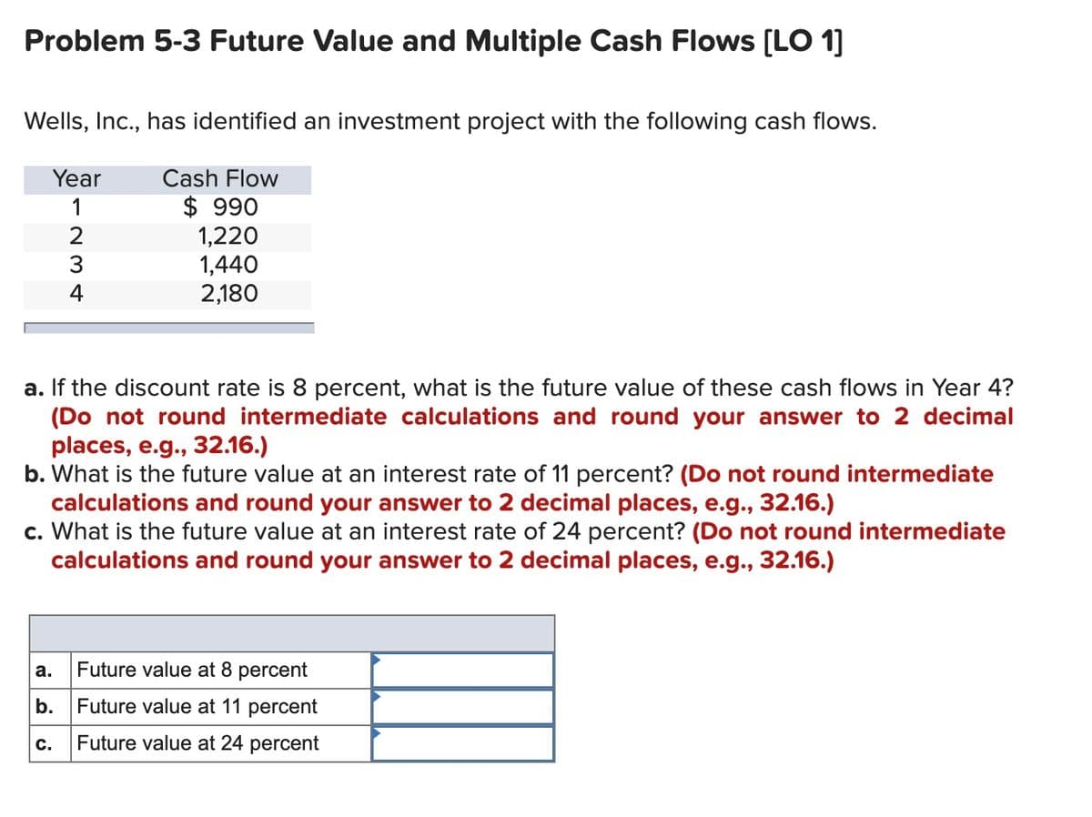Problem 5-3 Future Value and Multiple Cash Flows [LO 1]
Wells, Inc., has identified an investment project with the following cash flows.
Year
Cash Flow
$ 990
1,220
1,440
2,180
1
2
a. If the discount rate is 8 percent, what is the future value of these cash flows in Year 4?
(Do not round intermediate calculations and round your answer to 2 decimal
places, e.g., 32.16.)
b. What is the future value at an interest rate of 11 percent? (Do not round intermediate
calculations and round your answer to 2 decimal places, e.g., 32.16.)
c. What is the future value at an interest rate of 24 percent? (Do not round intermediate
calculations and round your answer to 2 decimal places, e.g., 32.16.)
а.
Future value at 8 percent
b.
Future value at 11 percent
C.
Future value at 24 percent
