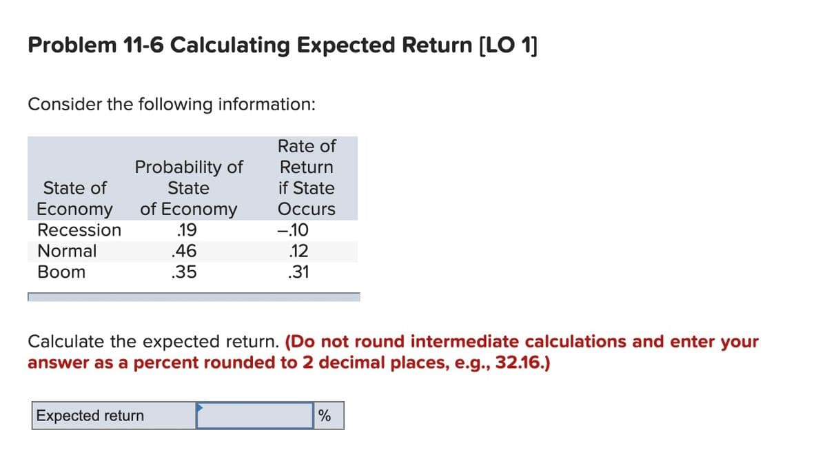 Problem 11-6 Calculating Expected Return [LO 1]
Consider the following information:
Rate of
STY
Probability of
State
Return
State of
if State
Economy
Recession
of Economy
.19
Occurs
-10
Normal
.46
.12
Вoom
.35
.31
Calculate the expected return. (Do not round intermediate calculations and enter your
answer as a percent rounded to 2 decimal places, e.g., 32.16.)
Expected return
%

