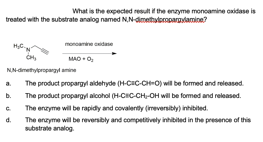 What is the expected result if the enzyme monoamine oxidase is
treated with the substrate analog named N,N-dimethylpropargylamine?
H3C
`N
I
CH3
N,N-dimethylpropargyl
amine
The product propargyl aldehyde (H-C=C-CH=O) will be formed and released.
The product propargyl alcohol (H-CEC-CH₂-OH will be formed and released.
The enzyme will be rapidly and covalently (irreversibly) inhibited.
The enzyme will be reversibly and competitively inhibited in the presence of this
substrate analog.
a.
b.
monoamine oxidase
C.
d.
MAO + O₂