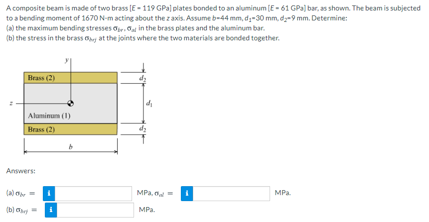 A composite beam is made of two brass [E = 119 GPa] plates bonded to an aluminum [E = 61 GPa] bar, as shown. The beam is subjected
to a bending moment of 1670 N-m acting about the z axis. Assume b=44 mm, d=30 mm, d2=9 mm. Determine:
(a) the maximum bending stresses opr, oat in the brass plates and the aluminum bar.
(b) the stress in the brass opej at the joints where the two materials are bonded together.
Brass (2)
dz
di
Aluminum (1)
Brass (2)
dz
b
Answers:
(a) obr =
i
MPa, oal =
i
MPa.
(b) Ohri
i
MPa.
