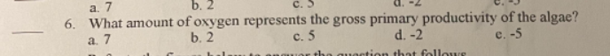 a. 7
b. 2
C. S
6. What amount of oxygen represents the gross primary productivity of the algae?
b. 2
a. 7
c. 5
d. -2
e. -5
the question that followe