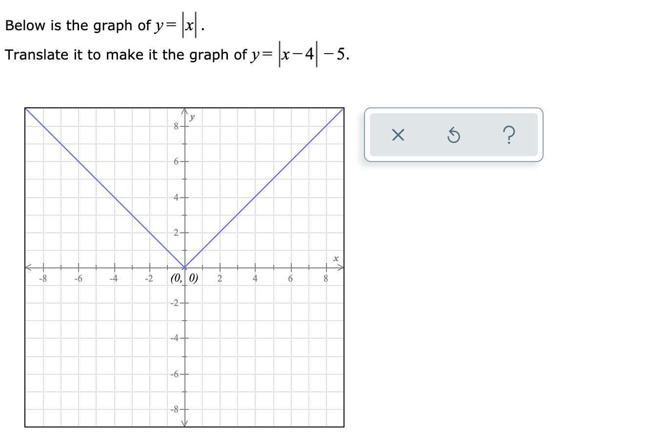 Below is the graph of y= |x|
Translate it to make it the graph of y= x-4 - 5.
y
6-
4-
2
|(0, 0)
-8
-6
-4
-2
6.
8
4,
