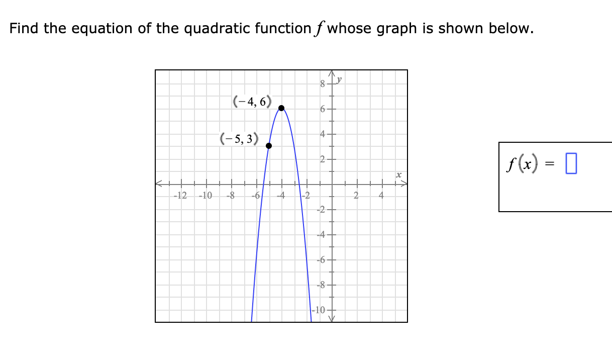 Find the equation of the quadratic function f whose graph is shown below.
(-4, 6)
6
(-5, 3)
f(x) = 0
-12 -10
-8
-6
-4
-2
2.
-2-
-6
-8
|-10-
