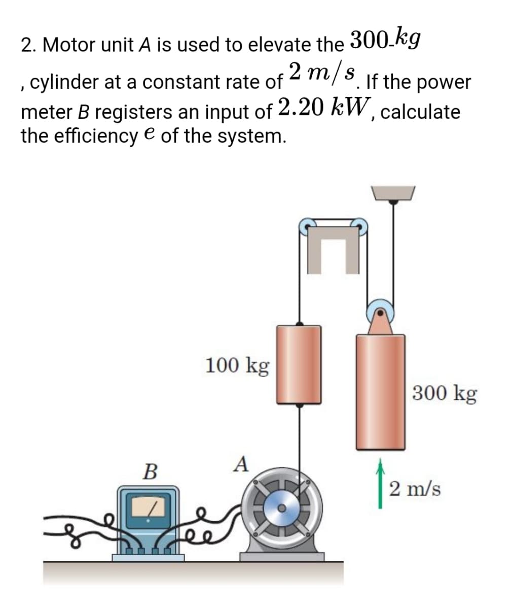 2. Motor unit A is used to elevate the 300.kg
2 If the power
m/s
, cylinder at a constant rate of
meter B registers an input of 2.20 kW, calculate
the efficiency e of the system.
100 kg
300 kg
A
В
2 m/s
