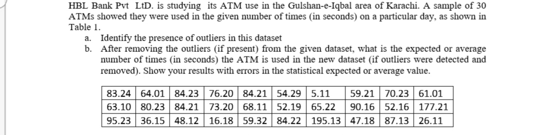 HBL Bank Pvt LtD. is studying its ATM use in the Gulshan-e-Iqbal area of Karachi. A sample of 30
ATMS showed they were used in the given number of times (in seconds) on a particular day, as shown in
Table 1.
a. Identify the presence of outliers in this dataset
b. After removing the outliers (if present) from the given dataset, what is the expected or average
number of times (in seconds) the ATM is used in the new dataset (if outliers were detected and
removed). Show your results with errors in the statistical expected or average value.
84.23 76.20 84.21 54.29 | 5.11
63.10 80.23 84.21 | 73.20 68.11 | 52.19 | 65.22
59.21 70.23 61.01
90.16 52.16| 177.21
95.23 36.15| 48.12 | 16.18 59.32 | 84.22 | 195.13 | 47.18 | 87.13 | 26.11
83.24 64.01
