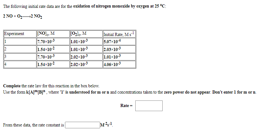 The following initial rate data are for the oxidation of nitrogen monoxide by oxygen at 25 °C:
2 NO + 0,2 NO,
Experiment
NO]o, M
7.70x10-3
1.54x10-2
7.70x10-3
1.54x10-2
[0:], M
Initial Rate, Ms-1
5.07x10-4
2.03x10-3
1.01x10-3
4.06x10-3
1
1.01×10-3
1.01x10-3
2.02x10-3
2.02x10-3
2
13
14
Complete the rate law for this reaction in the box below.
Use the form k[A]m[B]" , where 'l' is understood for m or n and concentrations taken to the zero power do not appear. Don't enter 1 for m or n.
Rate =
From these data, the rate constant is
