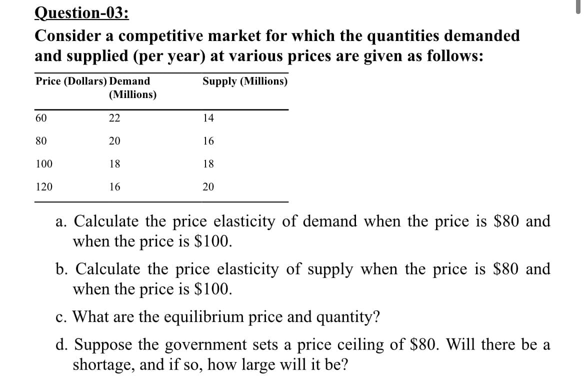 Question-03:
Consider a competitive market for which the quantities demanded
and supplied (per year) at various prices are given as follows:
Price (Dollars) Demand
(Millions)
Supply (Millions)
60
22
14
80
20
16
100
18
18
120
16
20
a. Calculate the price elasticity of demand when the price is $80 and
when the price is $100.
b. Calculate the price elasticity of supply when the price is $80 and
when the price is $100.
c. What are the equilibrium price and quantity?
d. Suppose the government sets a price ceiling of $80. Will there be a
shortage, and if so, how large will it be?
