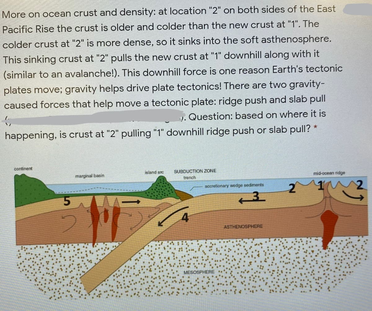 More on ocean crust and density: at location "2" on both sides of the East
Pacific Rise the crust is older and colder than the new crust at "1". The
colder crust at "2" is more dense, so it sinks into the soft asthenosphere.
This sinking crust at "2" pulls the new crust at "1" downhill along with it
(similar to an avalanche!). This downhill force is one reason Earth's tectonic
plates move; gravity helps drive plate tectonics! There are two gravity-
caused forces that help move a tectonic plate: ridge push and slab pull
J. Question: based on where it is
happening, is crust at "2" pulling "1" downhill ridge push or slab pull?
continent
island arc
SUBDUCTION ZONE
trench
marginal basin
mid-ocean ridge
2.
accretionary wedge sediments
ASTHENOSPHERE
MESOSPHERE
