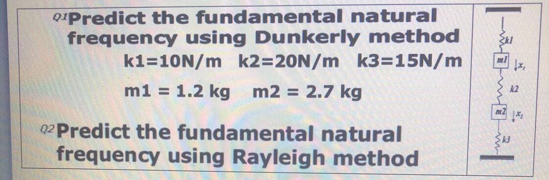 Q1Predict the fundamental natural
frequency using Dunkerly method
k1=10N/m k2=20N/m k3=15N/m
m1 = 1.2 kg m2 = 2.7 kg
92 Predict the fundamental natural
frequency using Rayleigh method
mi
k2
IN 2
다시
Sk3